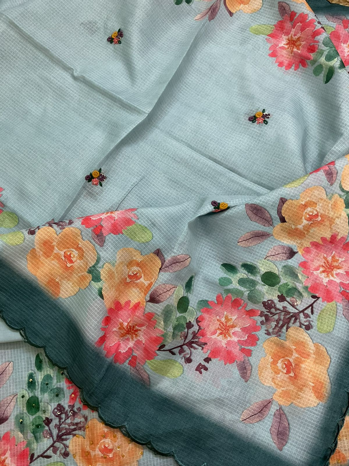 Soft Kota Silk Printed Embroidered Suit - Blue