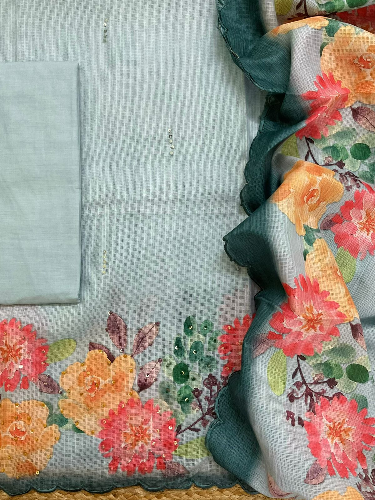 Soft Kota Silk Printed Embroidered Suit - Blue