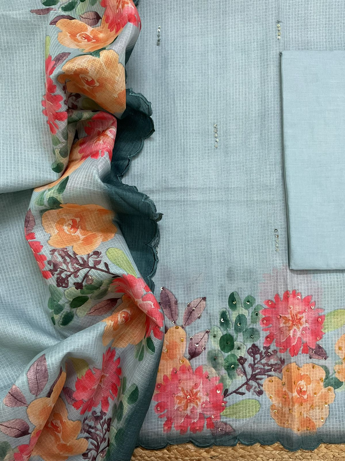 Soft Kota Silk Printed Embroidered Suit - Blue