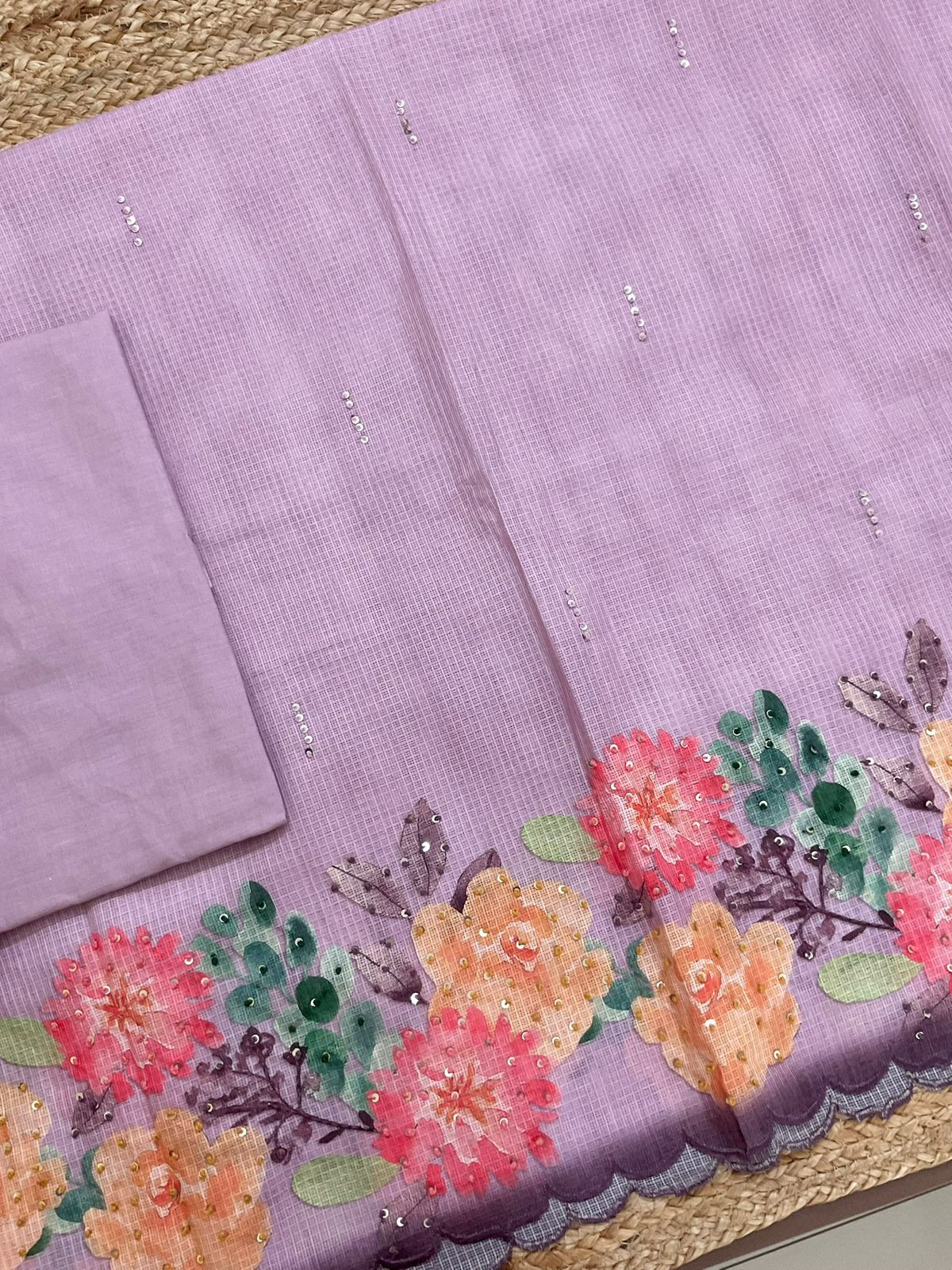 Soft Kota Silk Printed Embroidered Suit - Purple