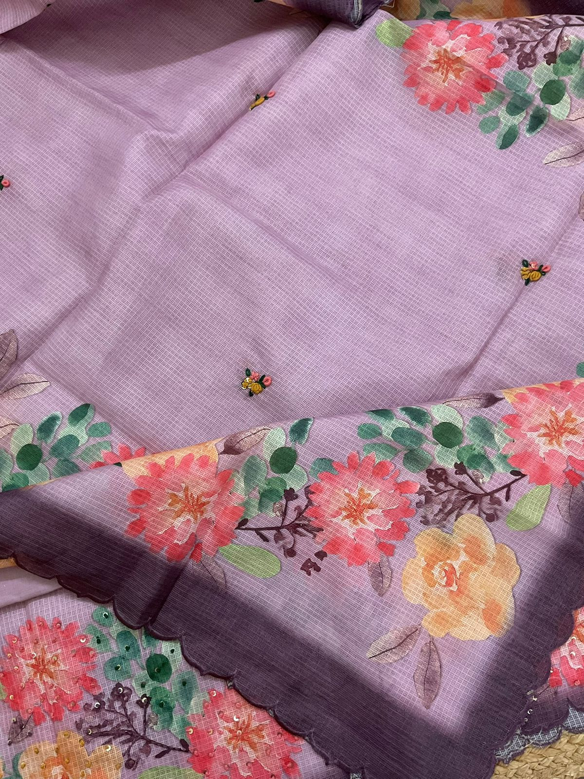 Soft Kota Silk Printed Embroidered Suit - Purple