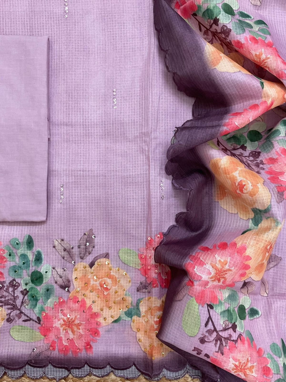 Soft Kota Silk Printed Embroidered Suit - Purple