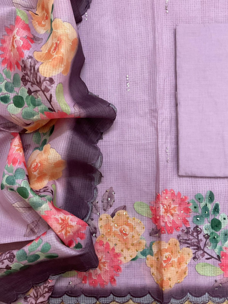 Image of Soft Kota Silk Printed Embroidered Suit - Purple