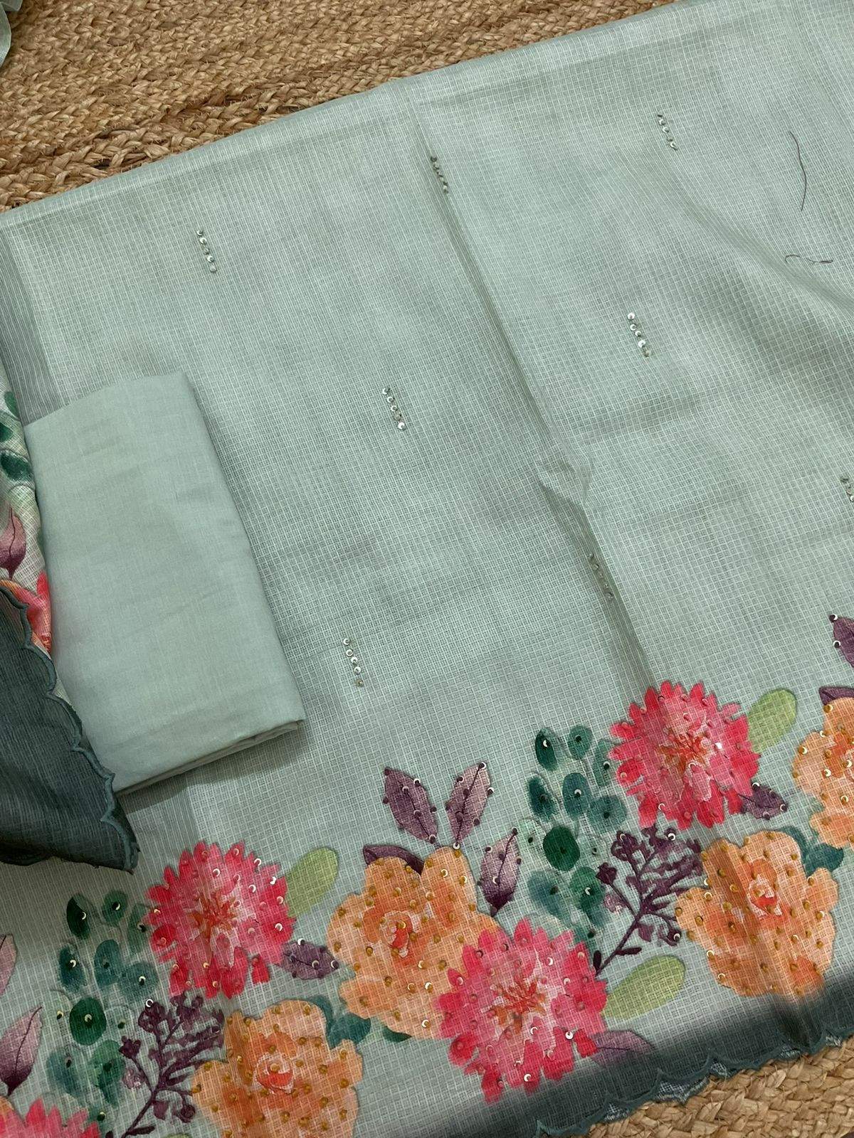 Soft Kota Silk Printed Embroidered Suit - Green