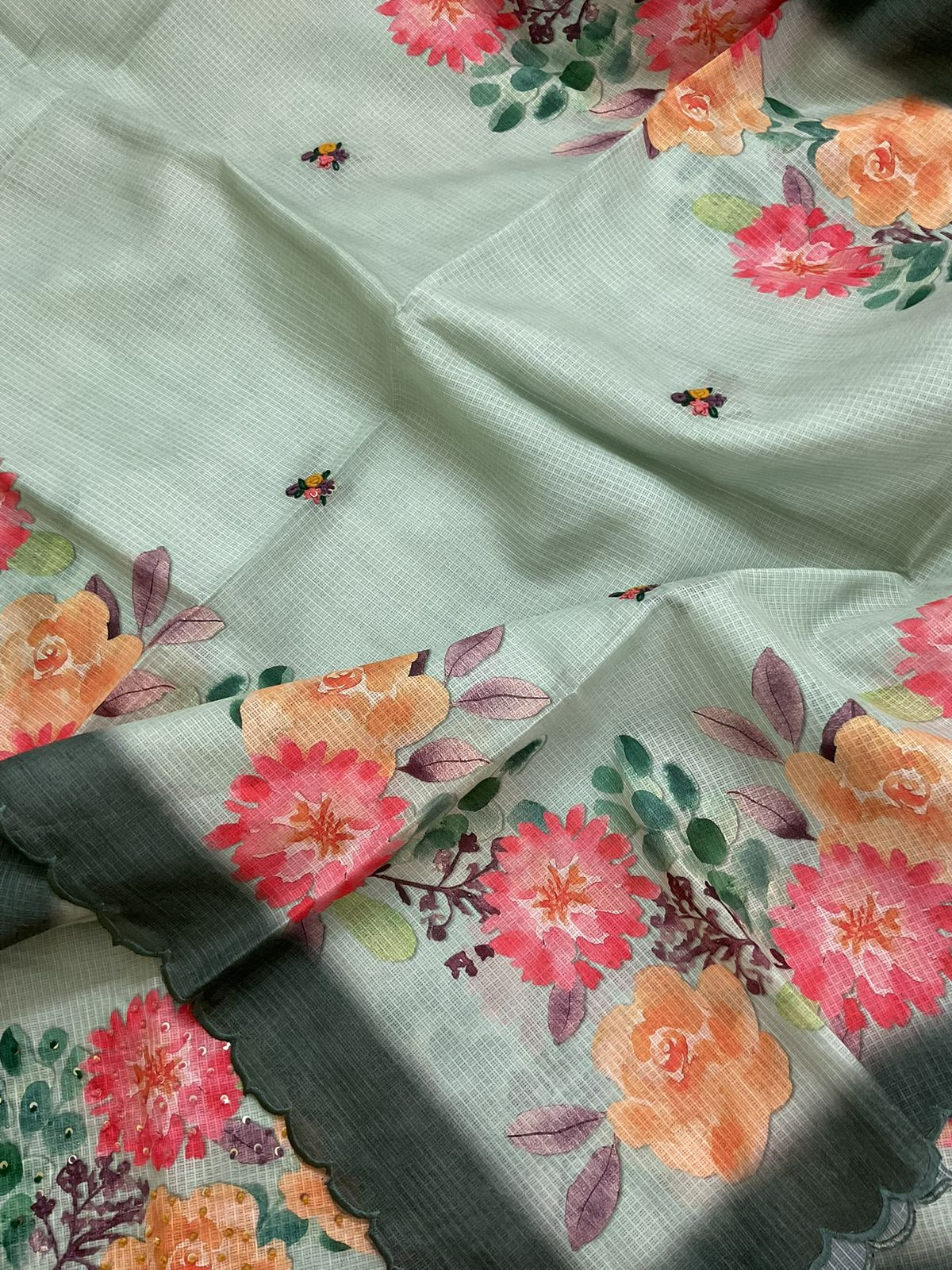 Soft Kota Silk Printed Embroidered Suit - Green