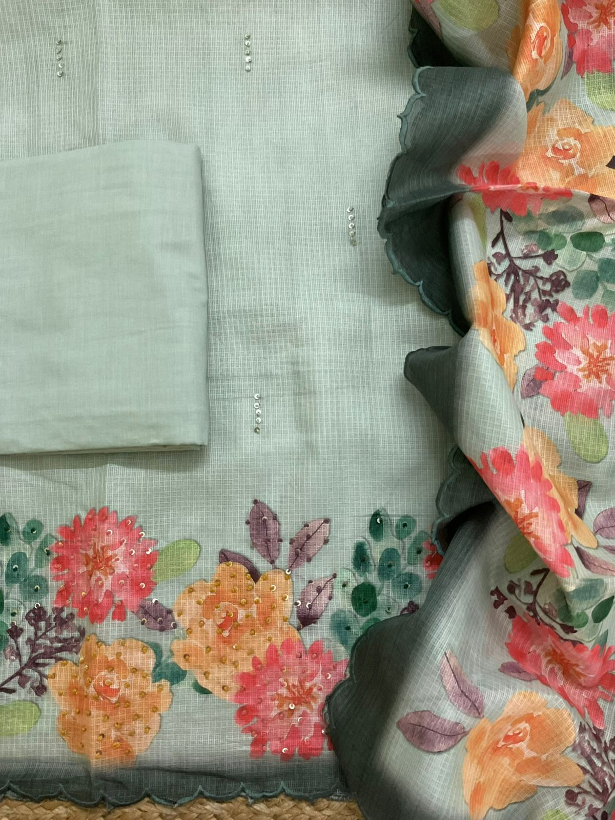 Soft Kota Silk Printed Embroidered Suit - Green