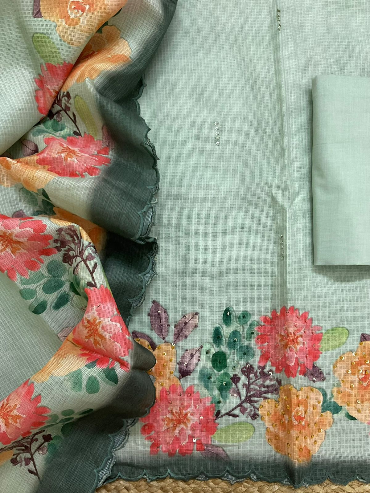 Soft Kota Silk Printed Embroidered Suit - Green