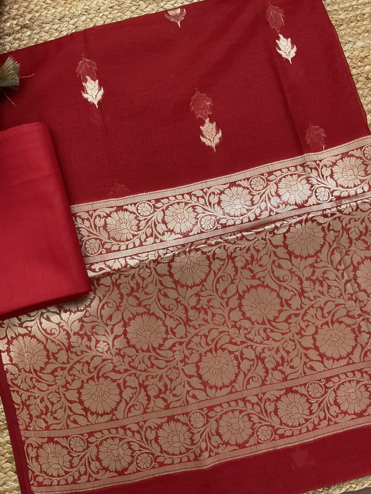 Pure Mul Chanderi Banarasi Weaved Suit - Red