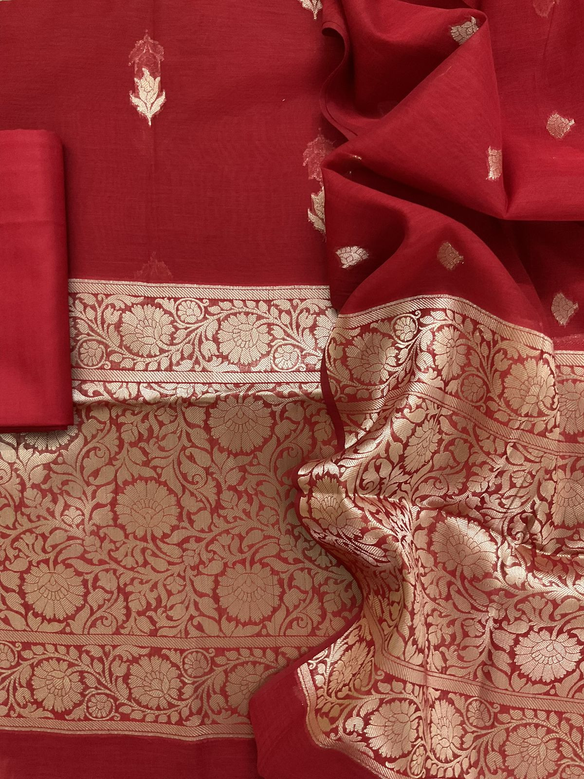 Pure Mul Chanderi Banarasi Weaved Suit - Red