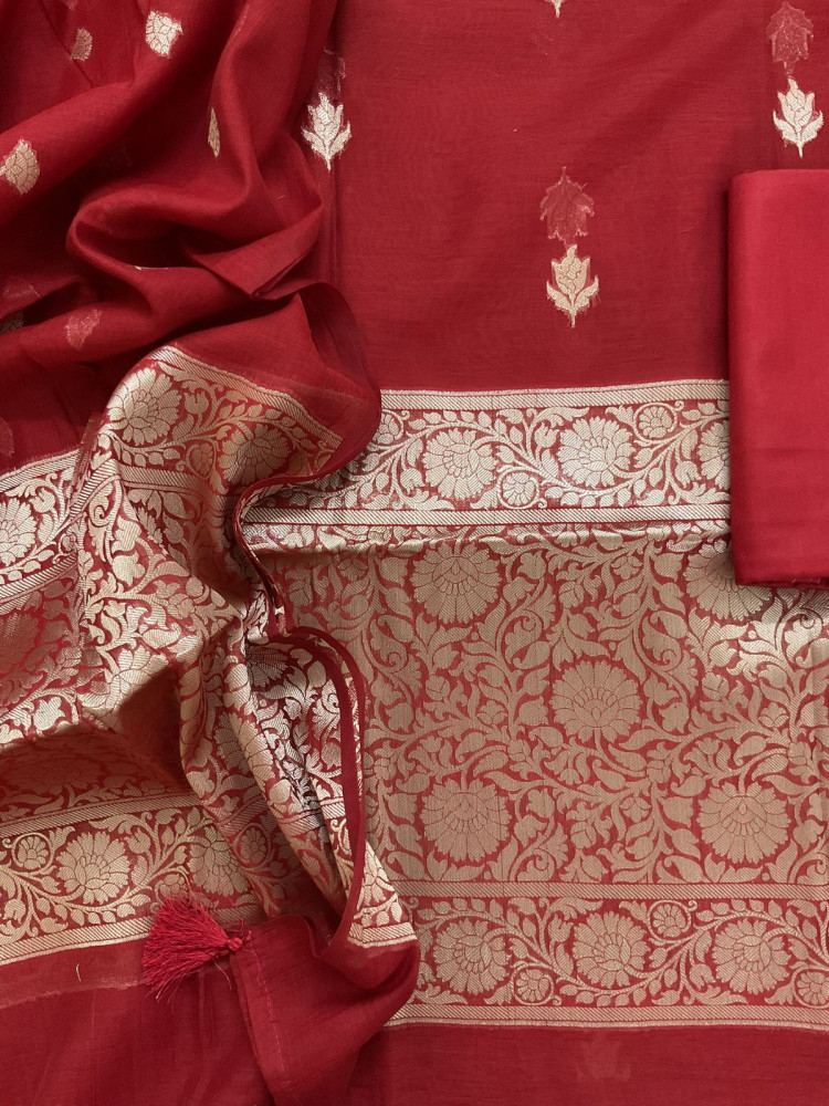 Image of Pure Mul Chanderi Banarasi Weaved Suit - Red