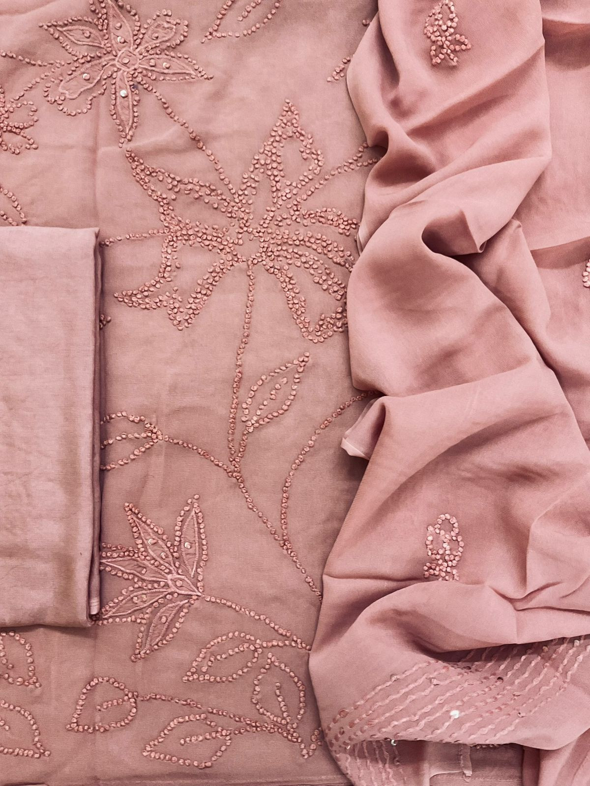 Pure Georgette Embroidered Suit - Beigish Peach