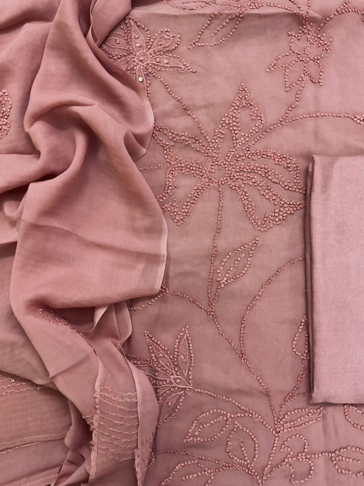 Image of Pure Georgette Embroidered Suit - Beigish Peach