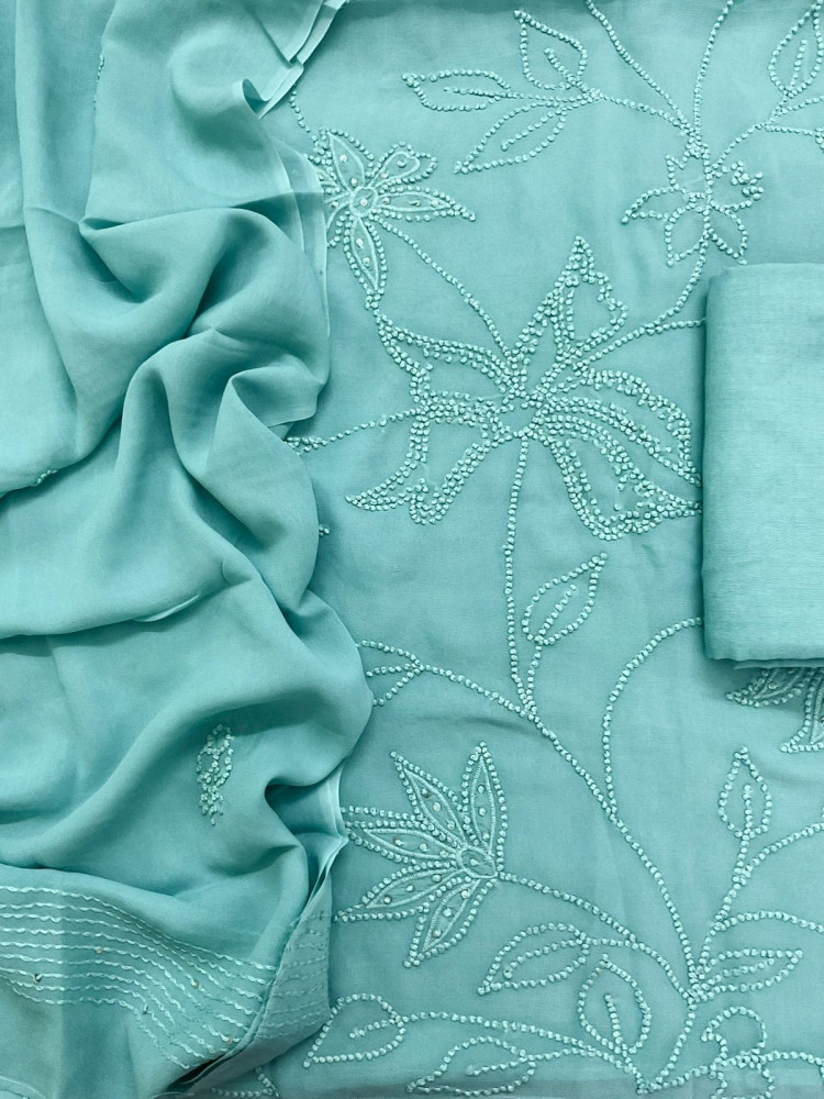 Image of Pure Georgette Embroidered Suit - Blue