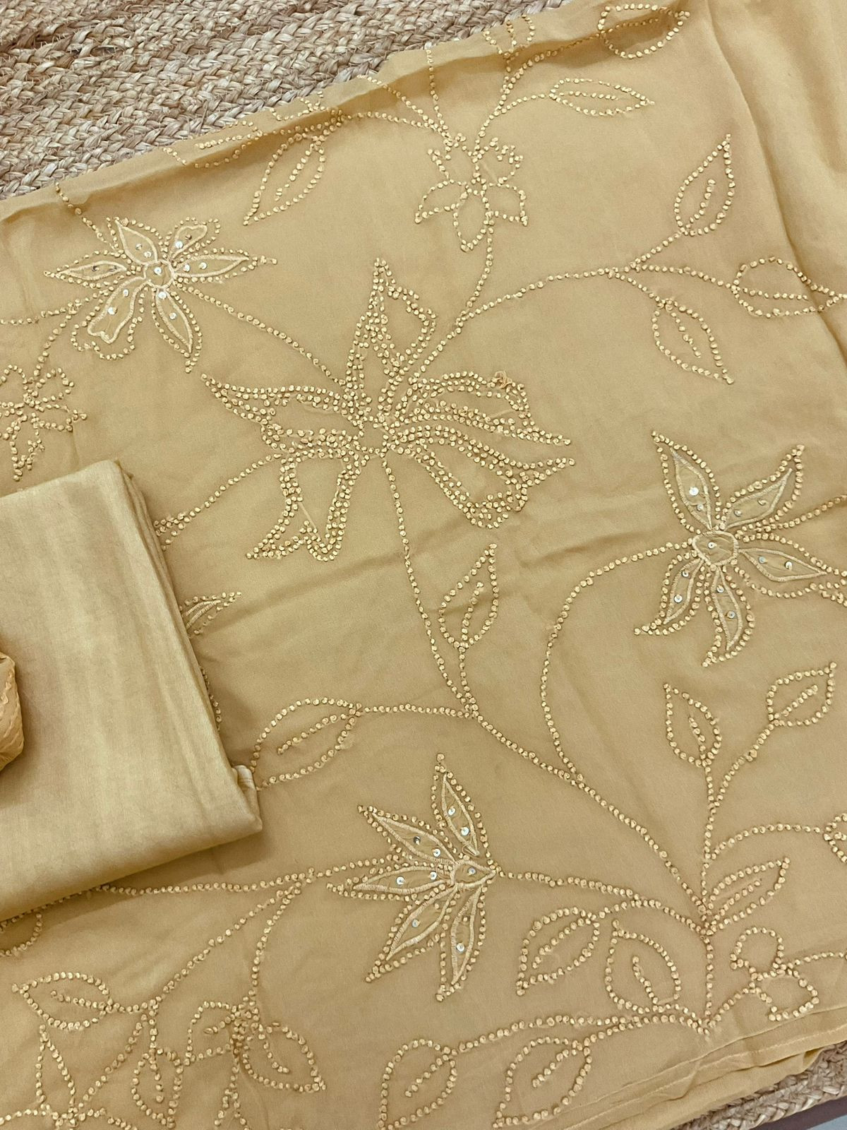 Pure Georgette Embroidered Suit - Mustard