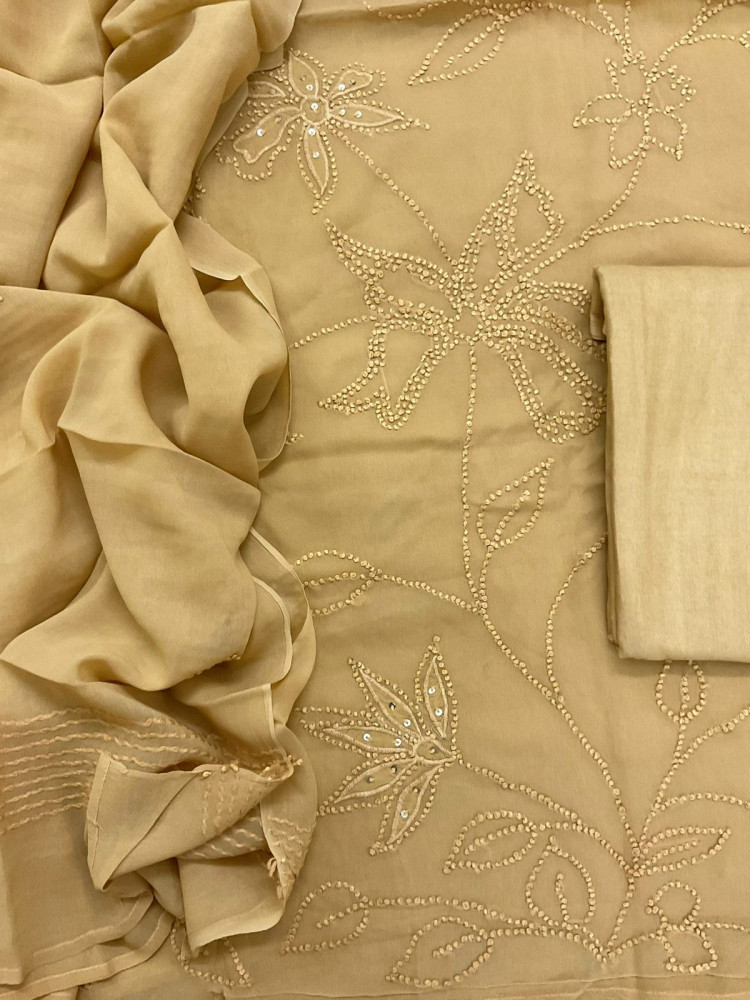 Image of Pure Georgette Embroidered Suit - Mustard
