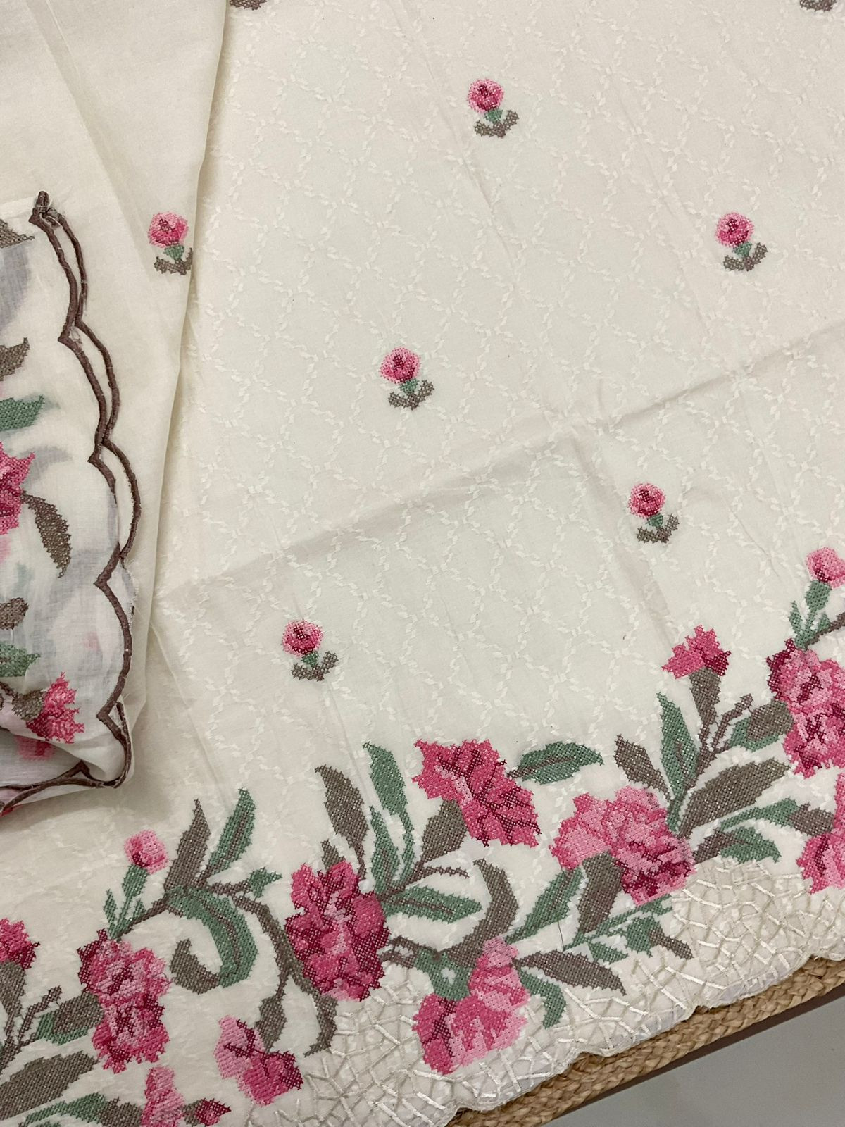 Pure Fine Cotton Embroidered Suit - Off White