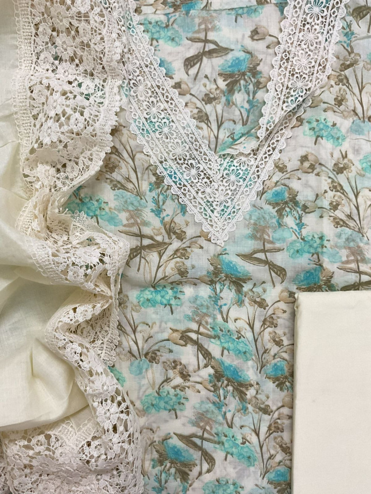 Image of Pure Cotton Printed Embroidered Suit - Off White