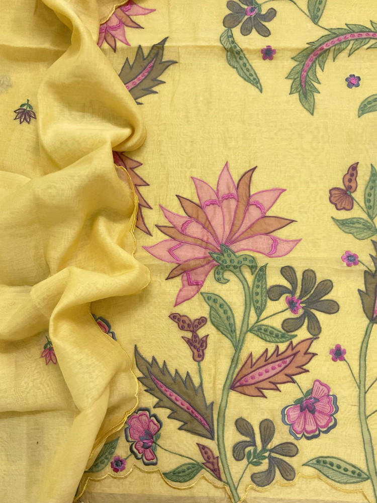 Image of Pure Mul Chanderi Embroidered Suit - Yellow