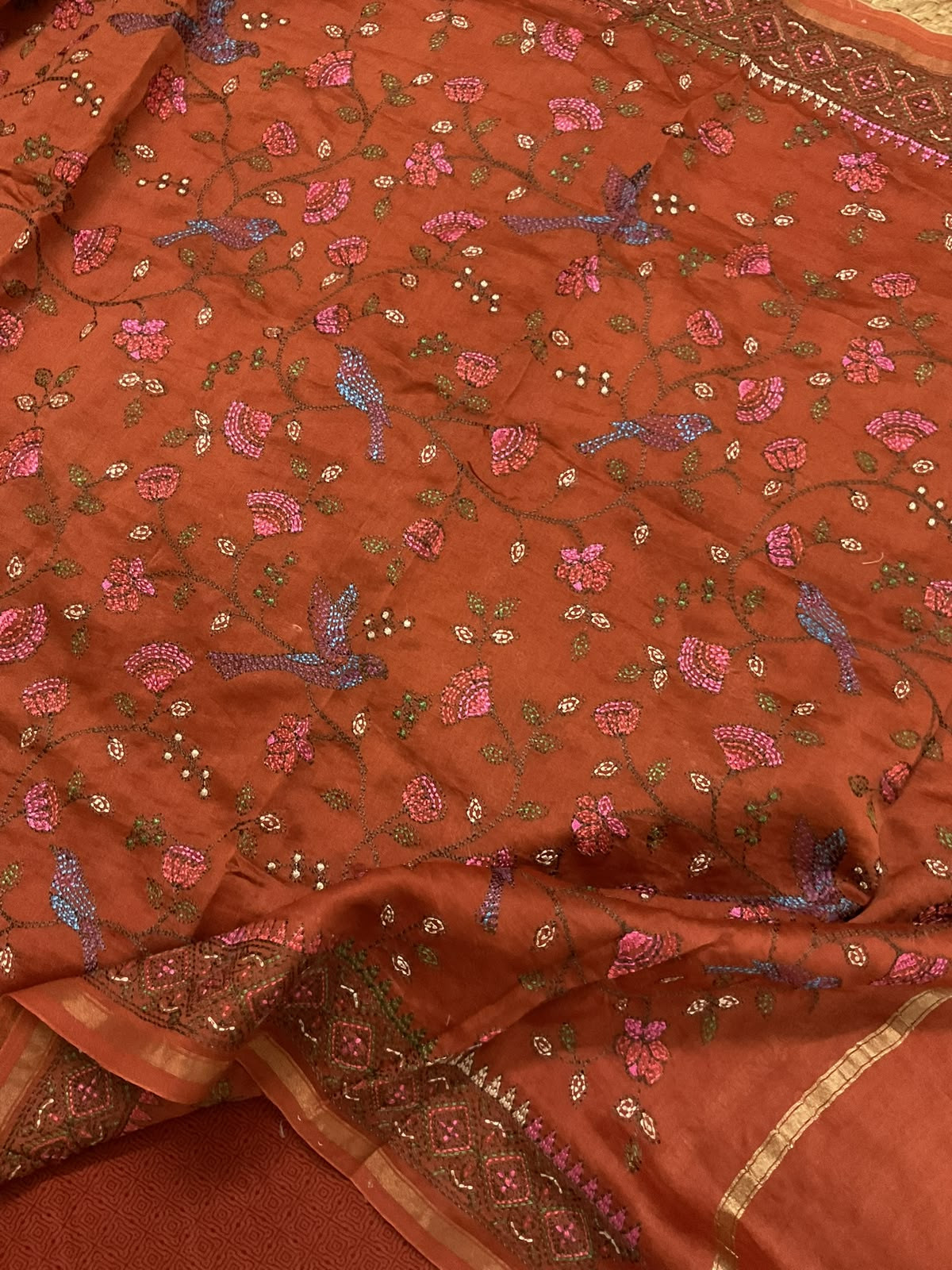 Pure Chanderi Printed Embroidered Suit - Rustic Brown