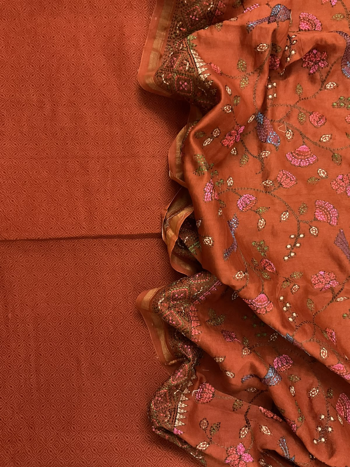 Pure Chanderi Printed Embroidered Suit - Rustic Brown