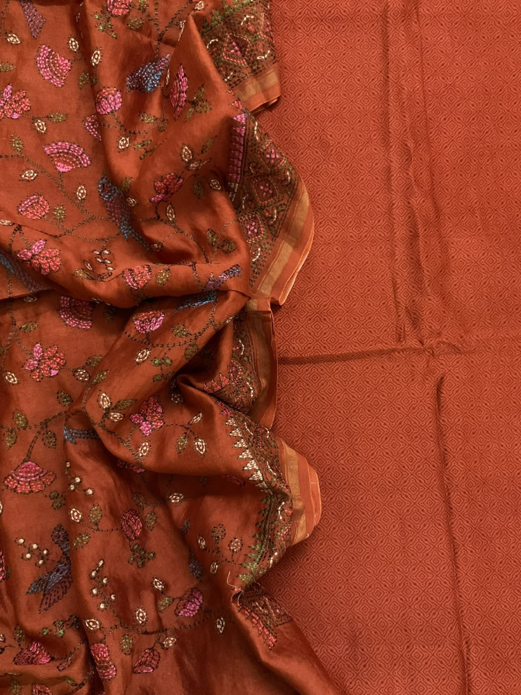 Image of Pure Chanderi Printed Embroidered Suit - Rustic Brown
