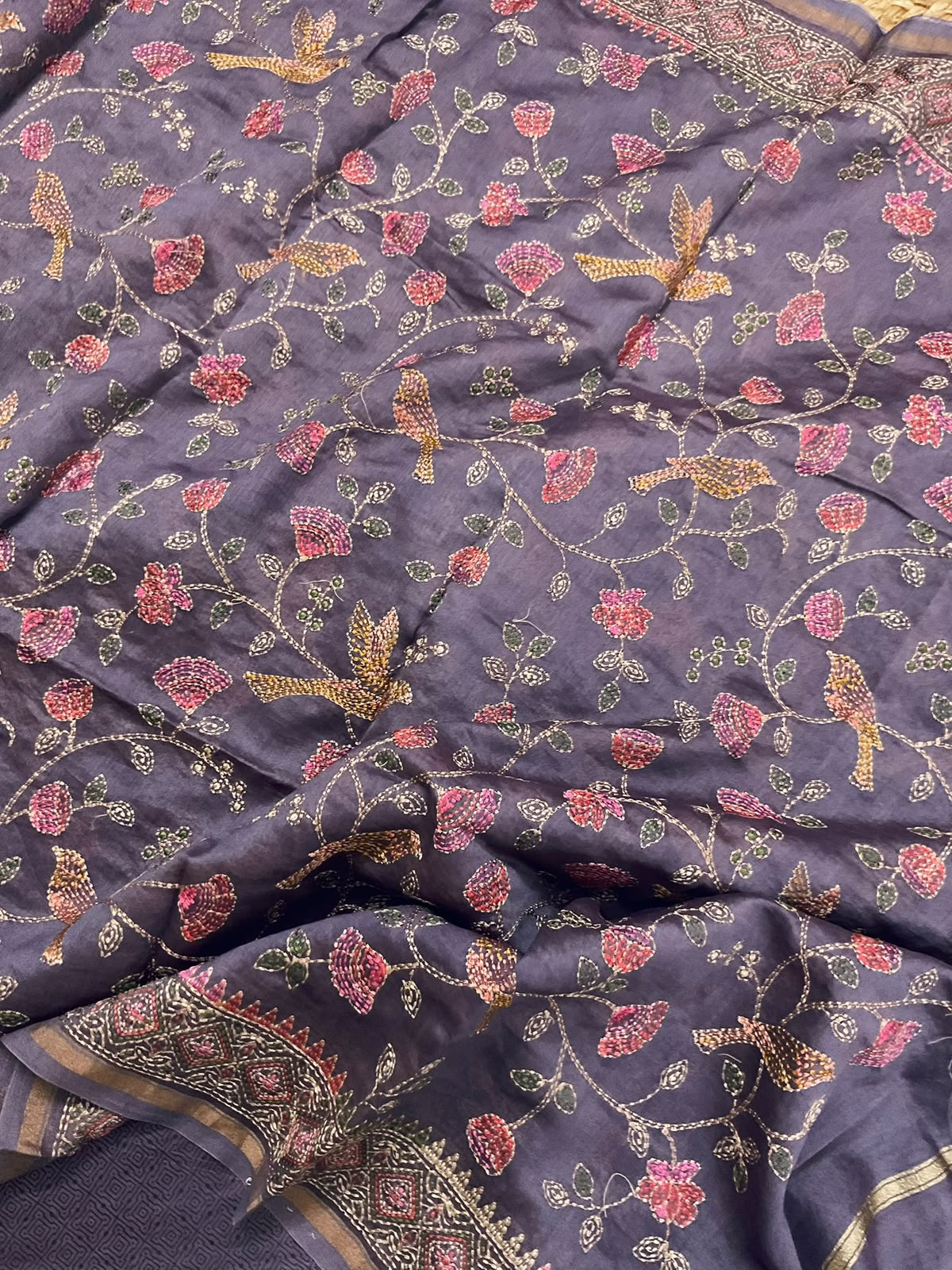 Pure Chanderi Printed Embroidered Suit - Purple