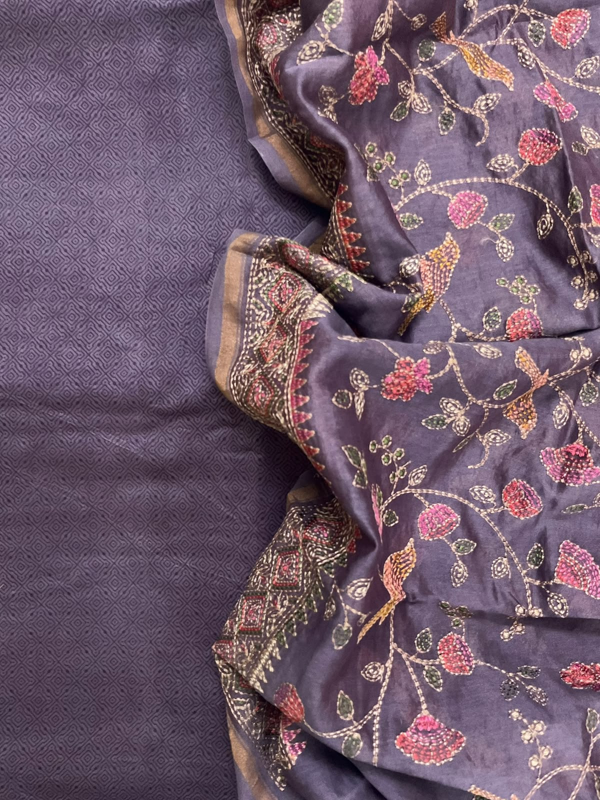 Pure Chanderi Printed Embroidered Suit - Purple