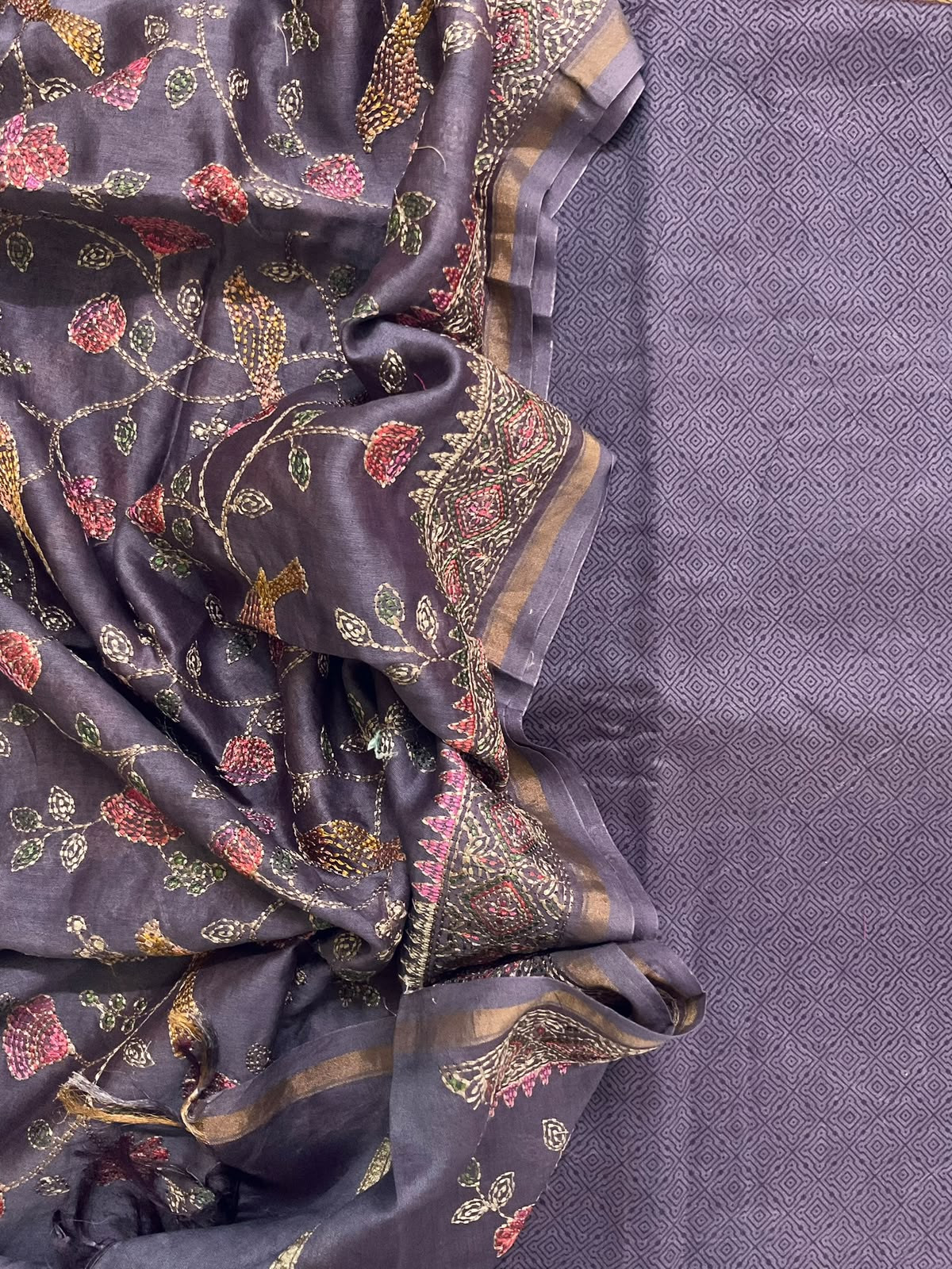 Pure Chanderi Printed Embroidered Suit - Purple