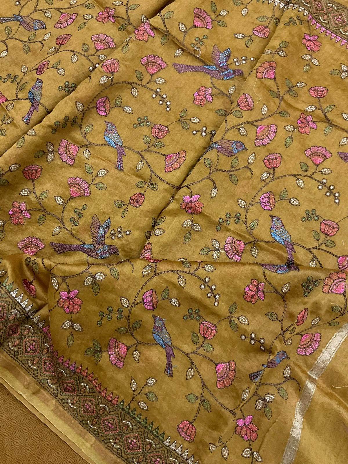 Pure Chanderi Printed Embroidered Suit - Mustard