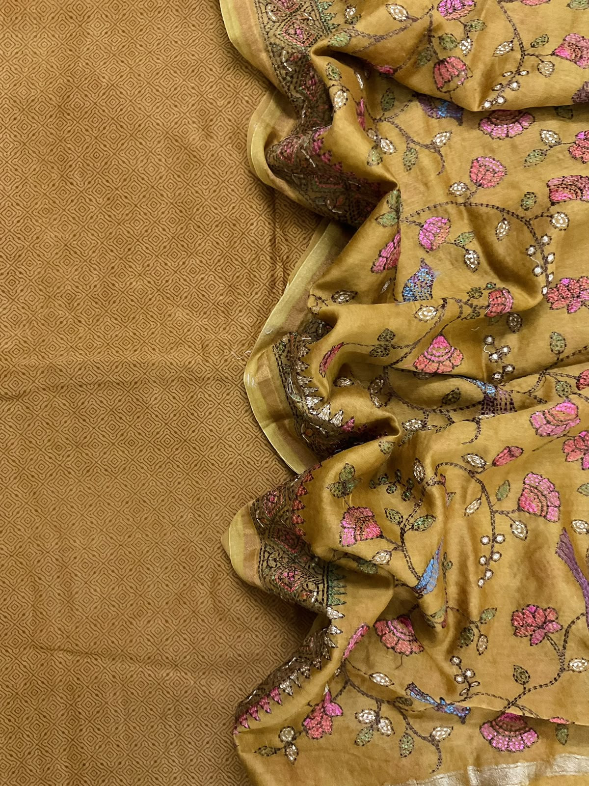 Pure Chanderi Printed Embroidered Suit - Mustard