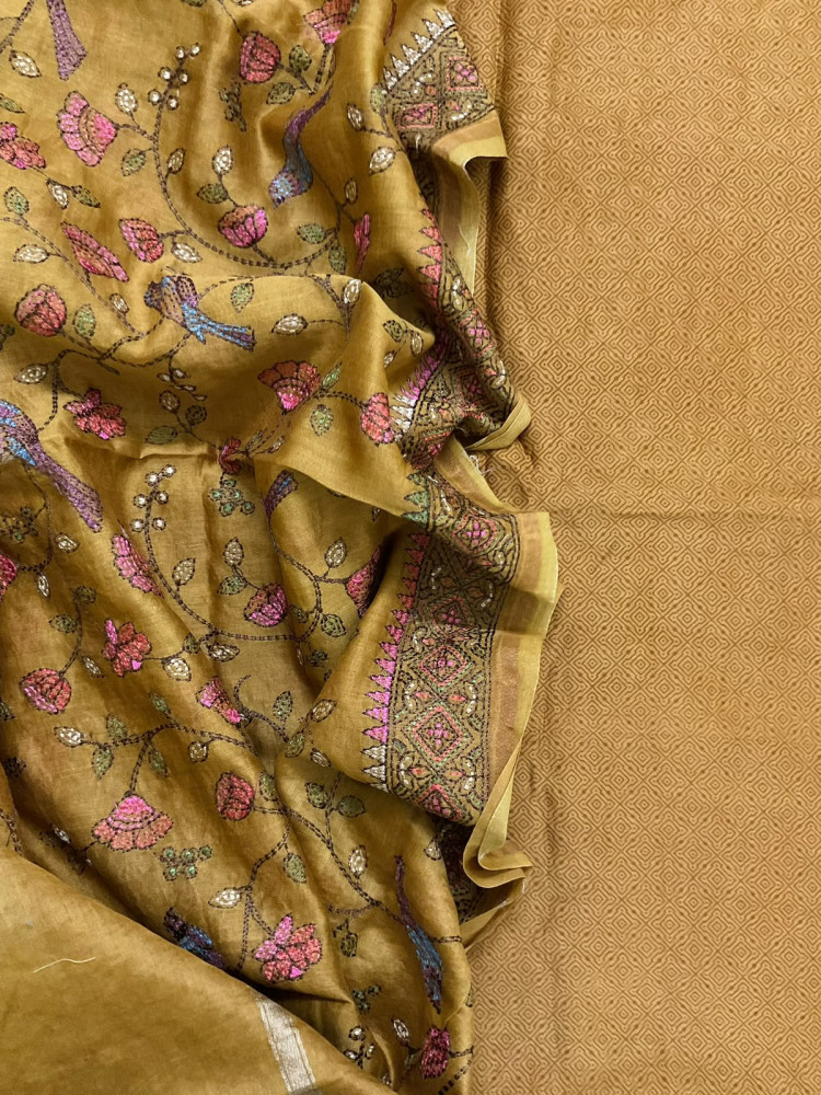 Image of Pure Chanderi Printed Embroidered Suit - Mustard