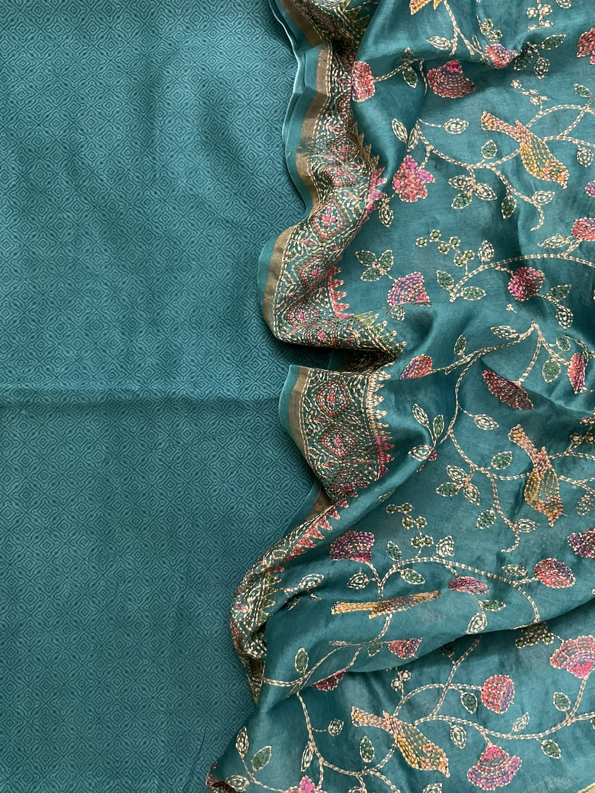 Pure Chanderi Printed Embroidered Suit - Blue