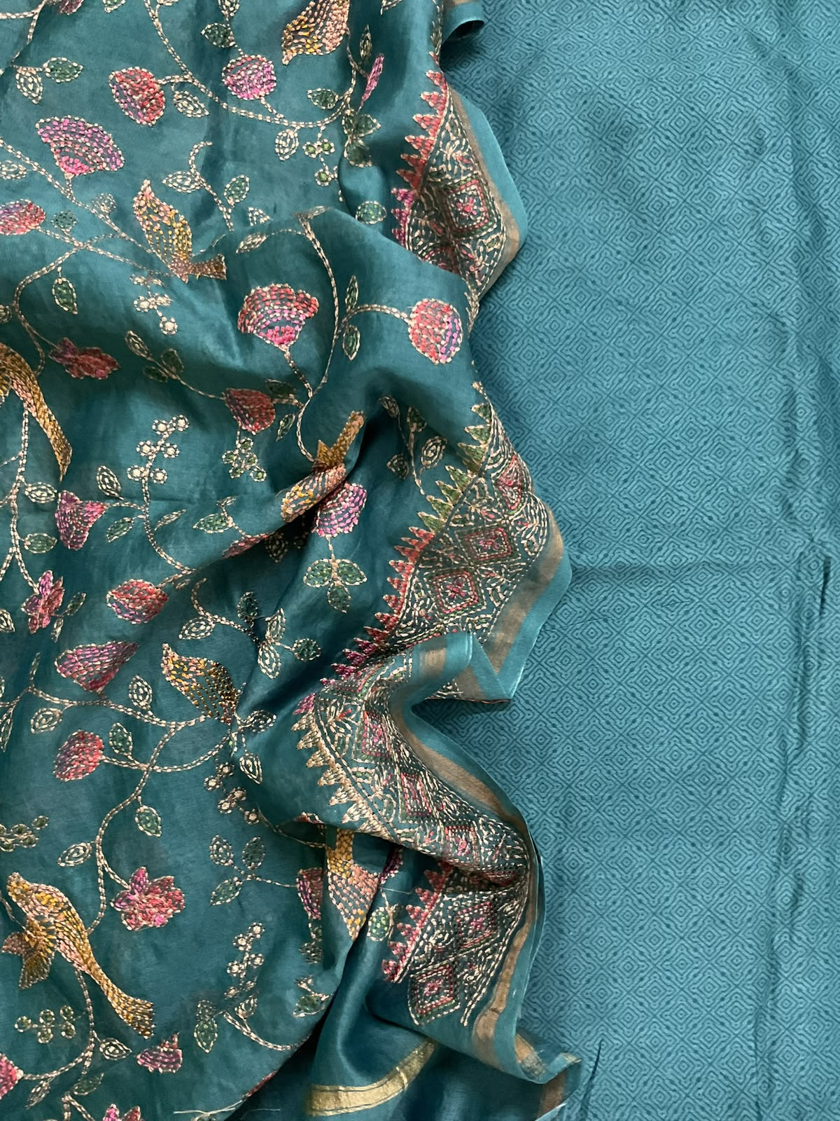 Pure Chanderi Printed Embroidered Suit - Blue