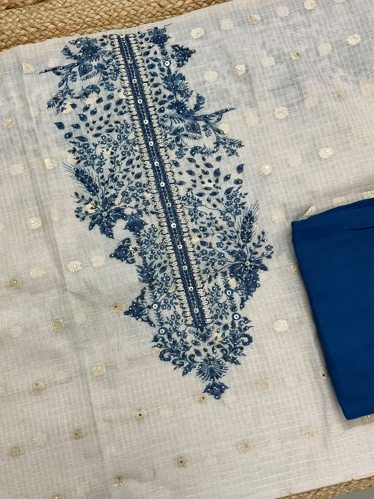 Soft Kota Silk Printed Embroidered Suit - Light Cream