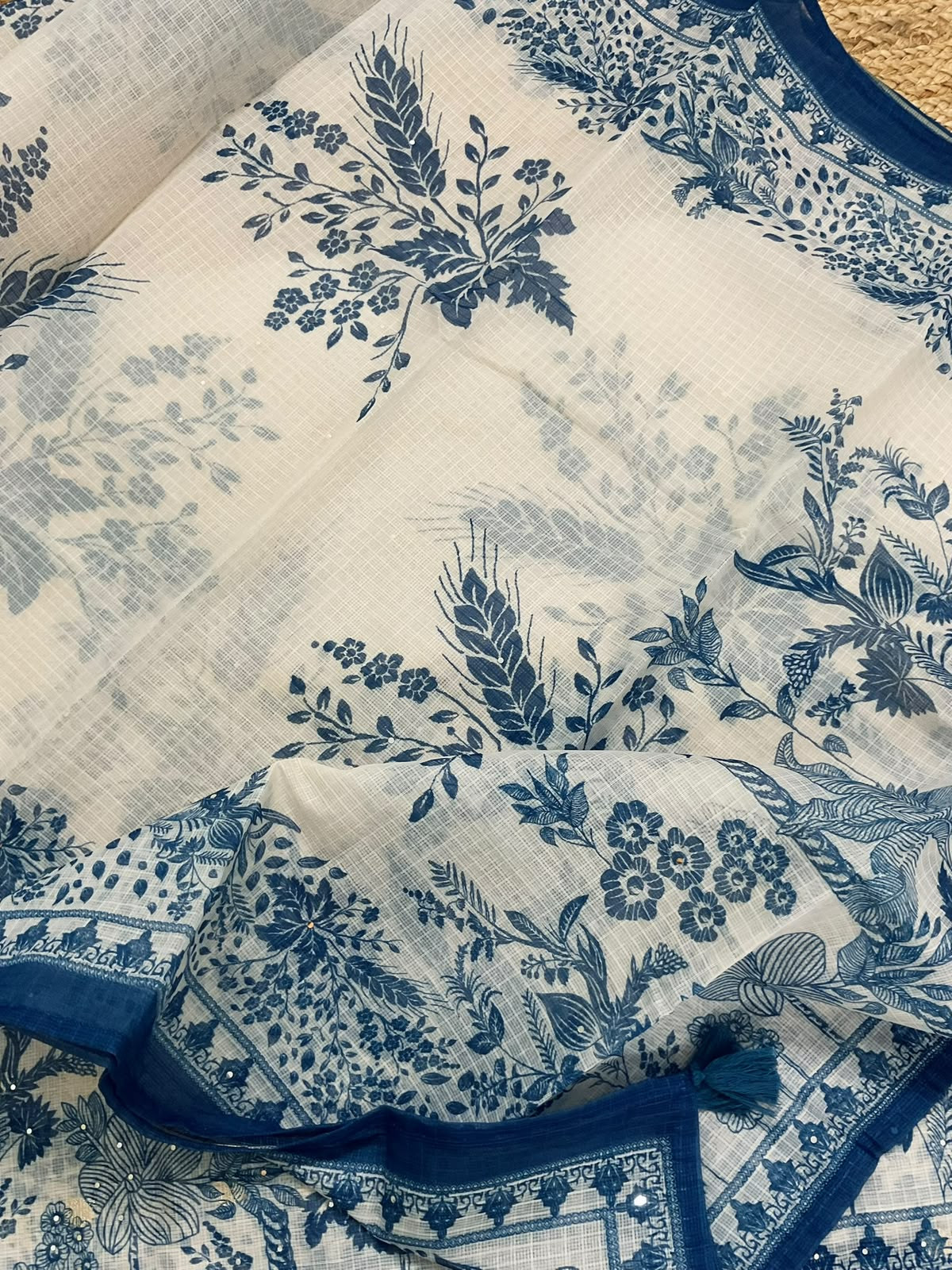 Soft Kota Silk Printed Embroidered Suit - Light Cream