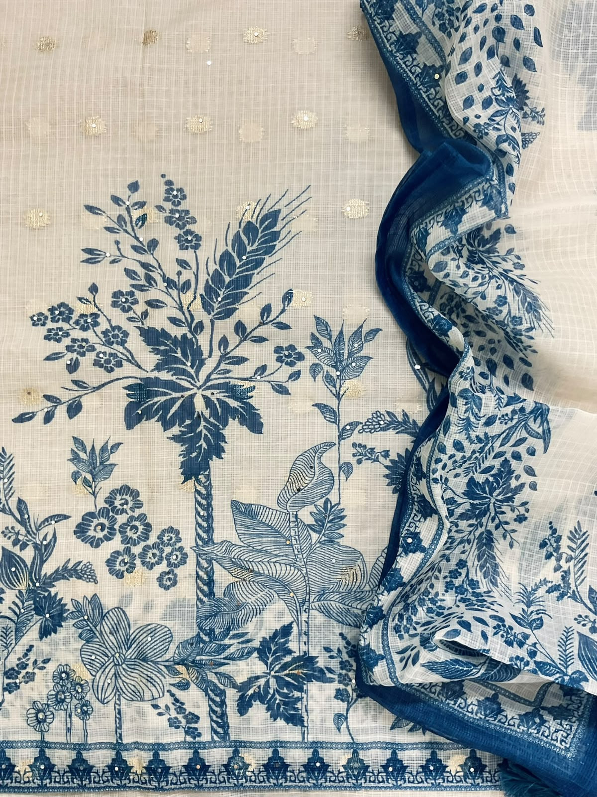 Soft Kota Silk Printed Embroidered Suit - Light Cream