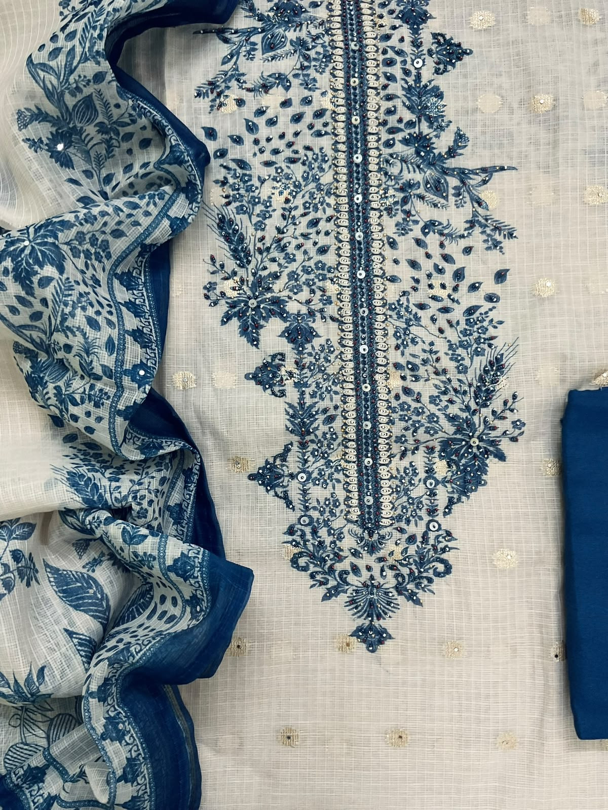 Soft Kota Silk Printed Embroidered Suit - Light Cream
