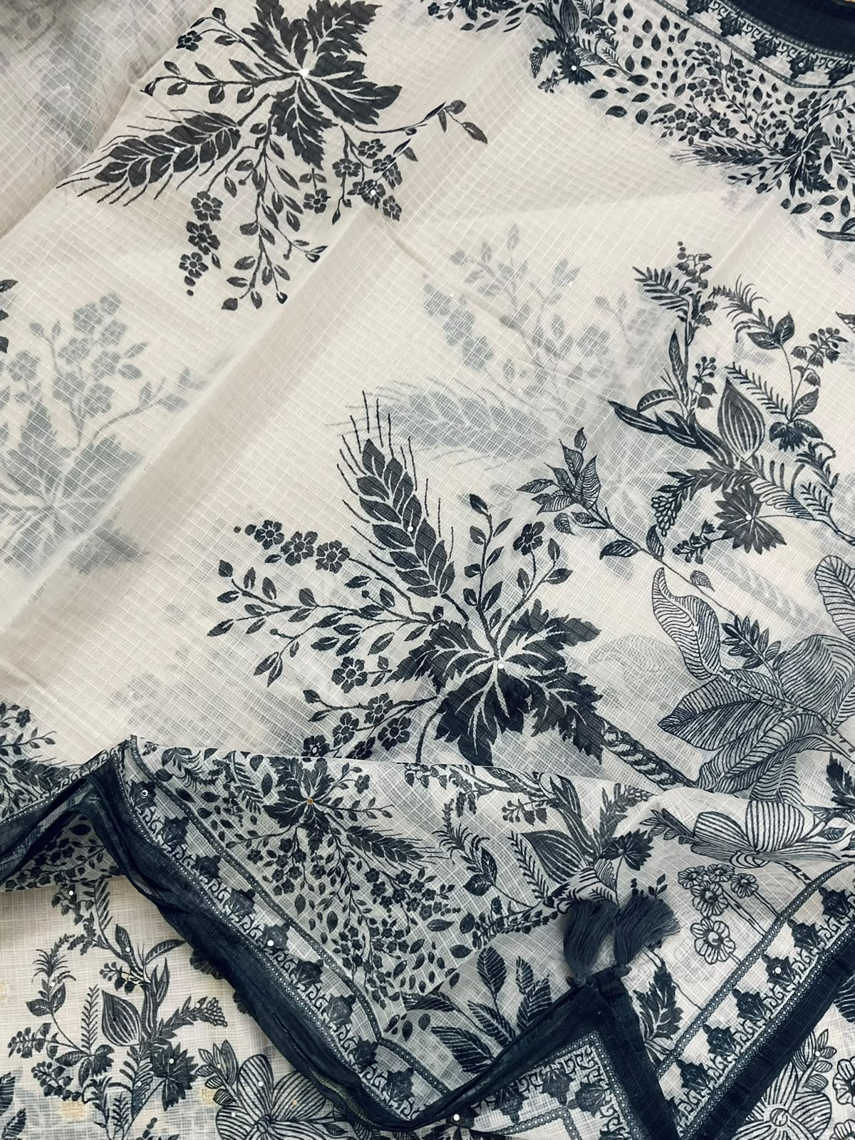 Soft Kota Silk Printed Embroidered Suit - Light Cream
