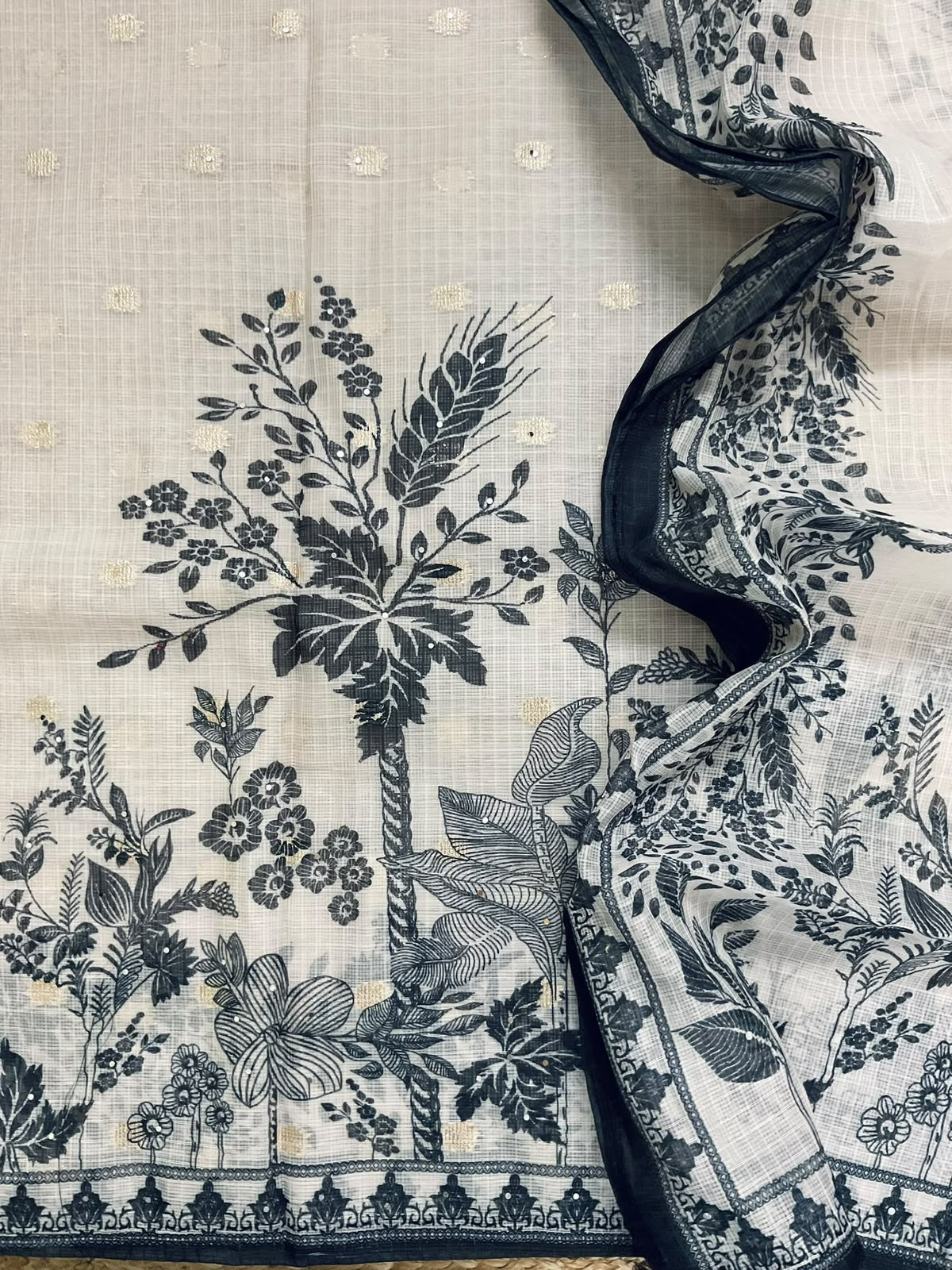 Soft Kota Silk Printed Embroidered Suit - Light Cream