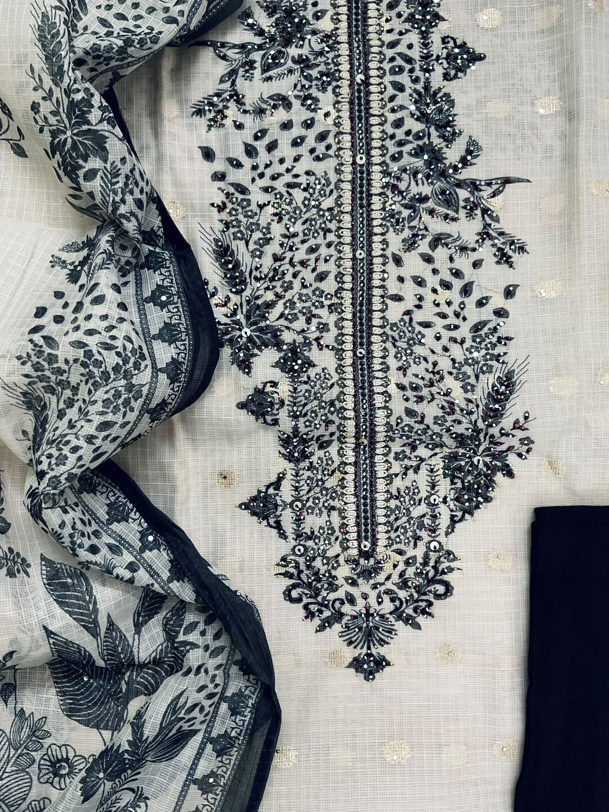 Soft Kota Silk Printed Embroidered Suit - Light Cream