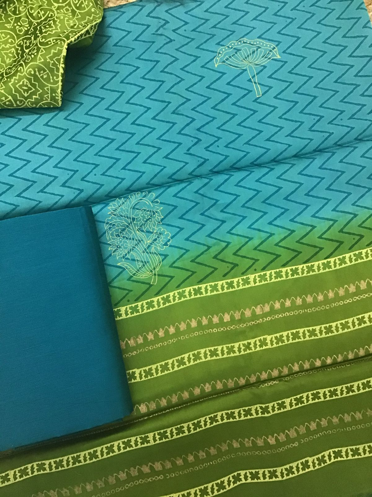 Pure Cotton Satin Printed Suit - Blue