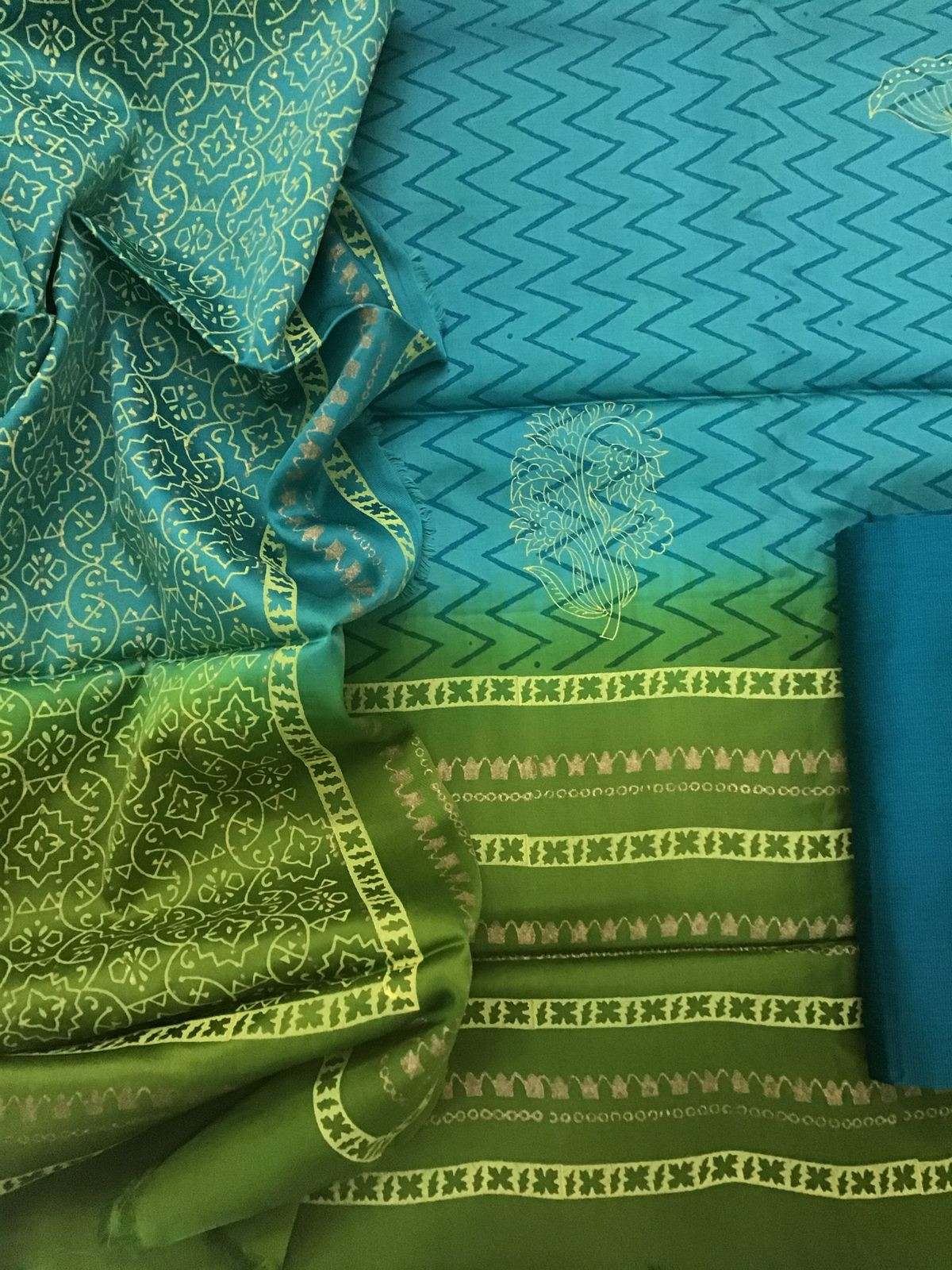 Pure Cotton Satin Printed Suit - Blue