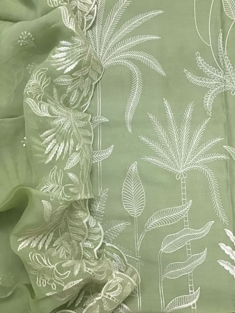 Image of Pure Chanderi Embroidered Suit - Green