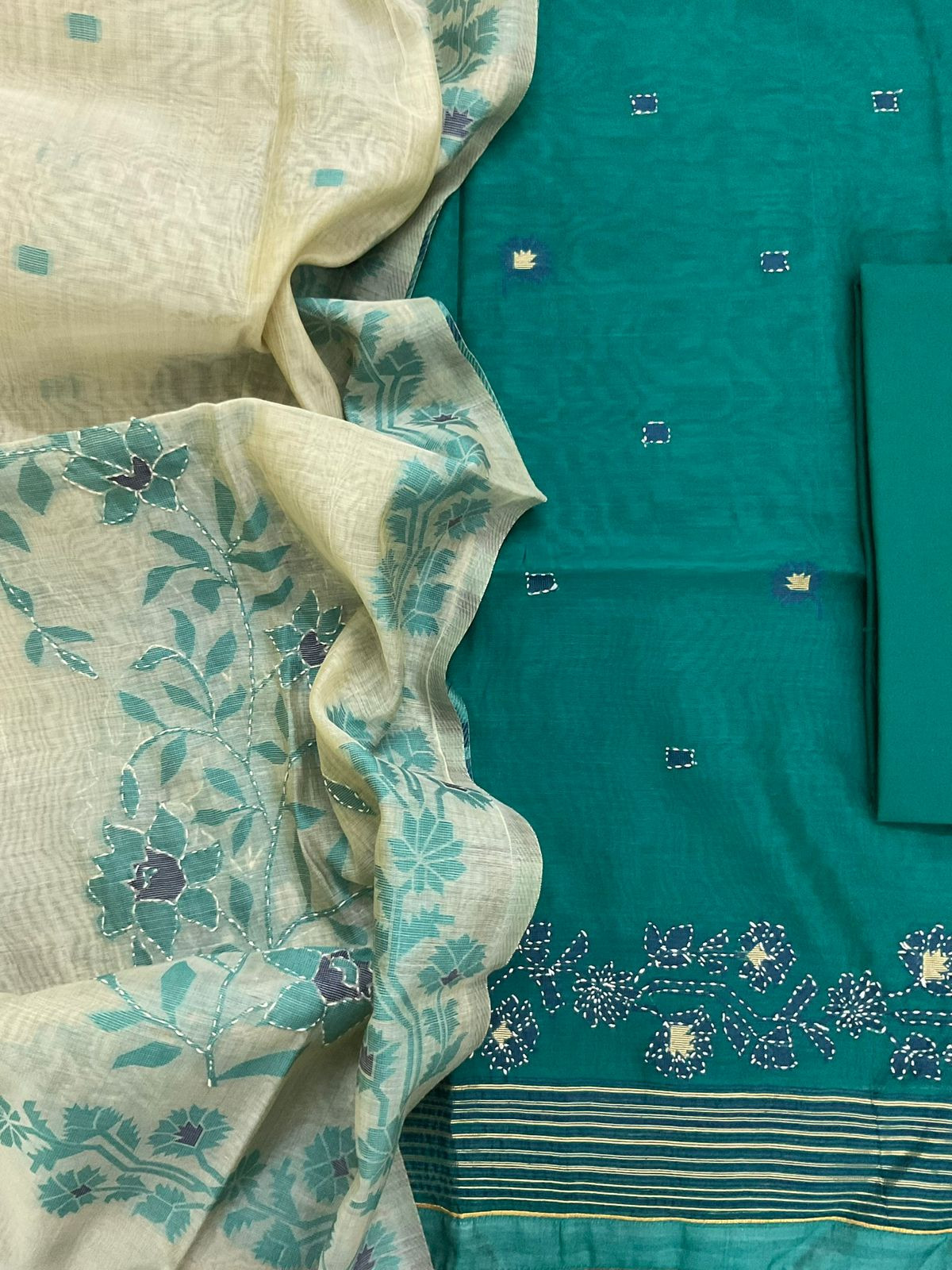 Soft Slub Chanderi Jamdani Weaved Embroidered Suit - Green