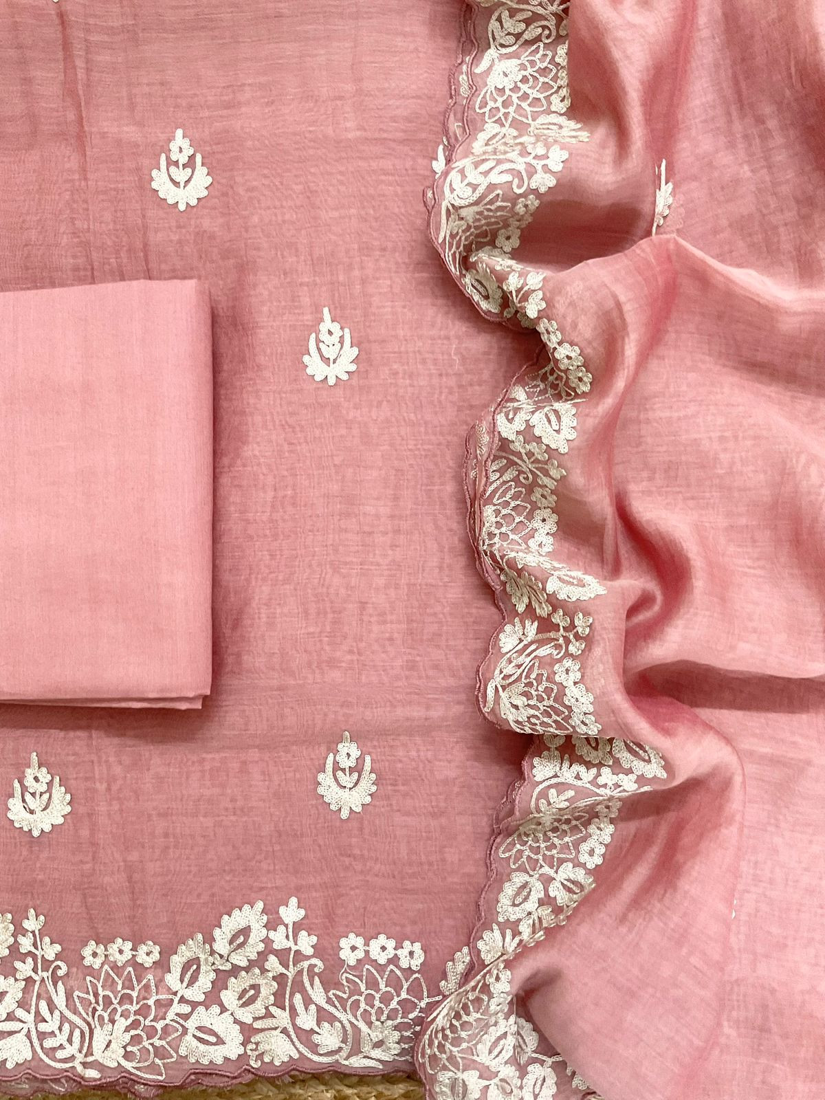 Pure Mul Chanderi Embroidered Suit - Onion Pink