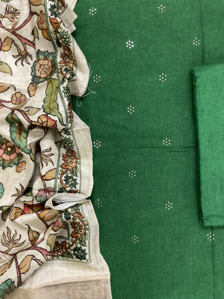 Image of Pure Cotton Printed Embroidered Suit - Green