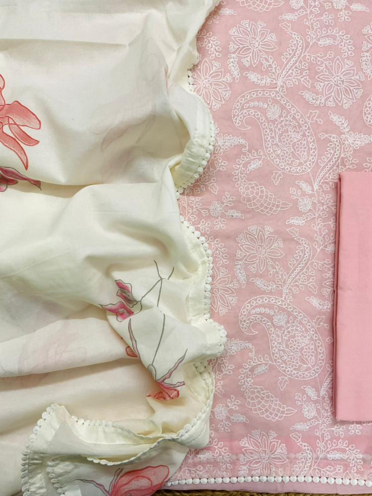 Image of Pure Rubia Cotton Embroidered Suit - Baby Pink