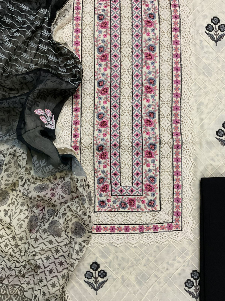 Image of Pure Cotton Printed Embroidered Suit - Cream