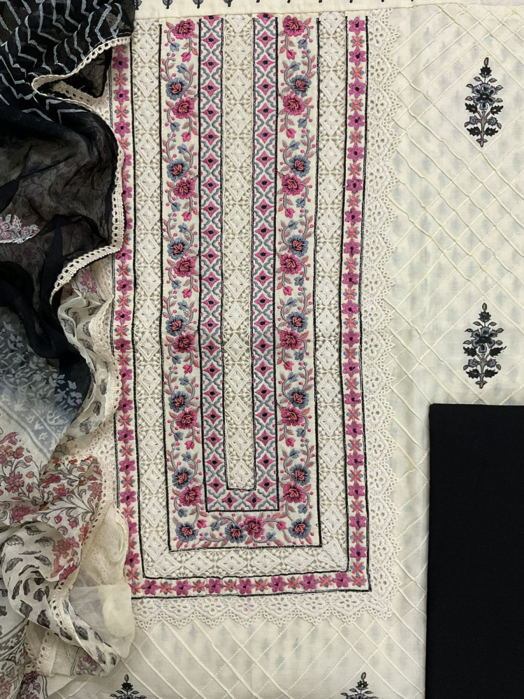 Image of Pure Cotton Printed Embroidered Suit - Cream