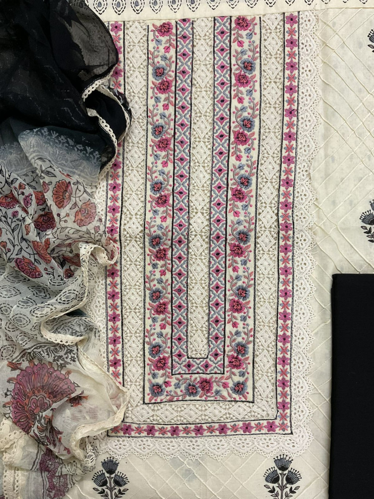 Image of Pure Cotton Printed Embroidered Suit - Cream